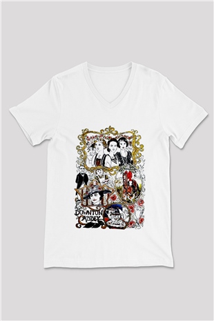 Downtown Abbey Beyaz Unisex V Yaka Tişört