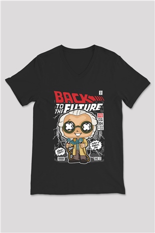 Dr Brown Baskılı Unisex Siyah V Yaka Tişört