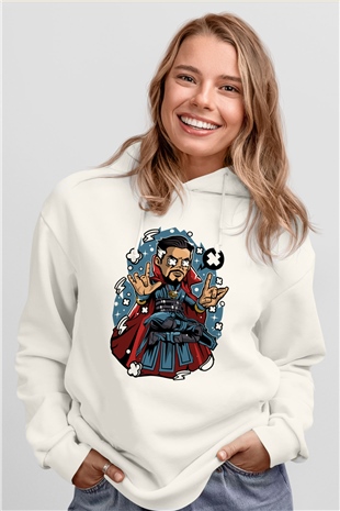 Dr Strange Baskılı Unisex Beyaz Hoodie