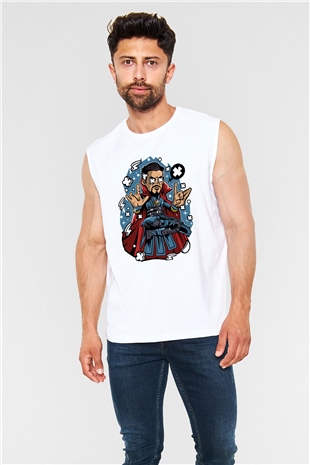 Dr Strange Baskılı Unisex Beyaz Kolsuz Tişört