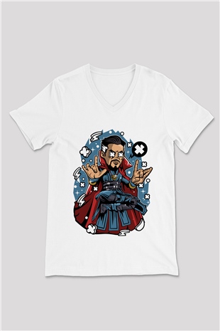 Dr Strange Baskılı Unisex Beyaz V Yaka Tişört