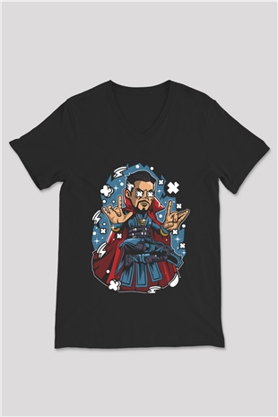 Dr Strange Baskılı Unisex Siyah V Yaka Tişört