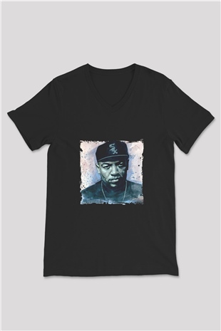 Dr. Dre Baskılı Unisex Siyah V Yaka Tişört