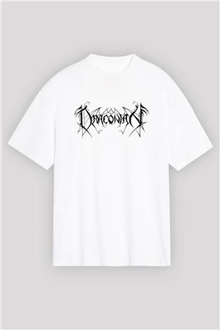 Draconian Baskılı Beyaz Unisex Oversize Tişört - Tshirt