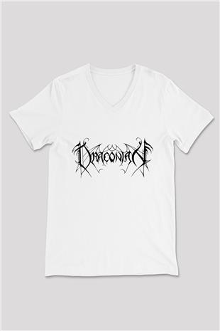 Draconian Baskılı Beyaz Unisex V Yaka Tişört - Tshirt