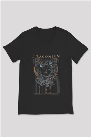 Draconian Baskılı Unisex Siyah V Yaka Tişört - Tshirt