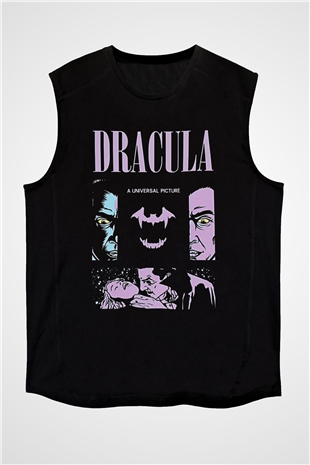 Dracula Baskılı Unisex Siyah Kolsuz Tişört - Tshirt