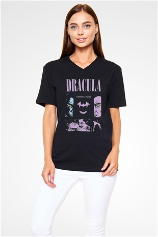 Dracula Baskılı Unisex Siyah V Yaka Tişört - Tshirt