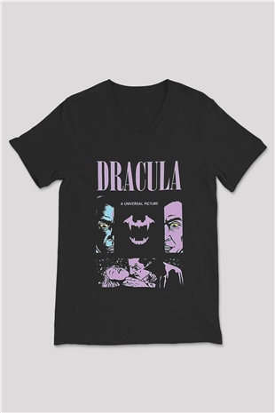 Dracula Baskılı Unisex Siyah V Yaka Tişört - Tshirt