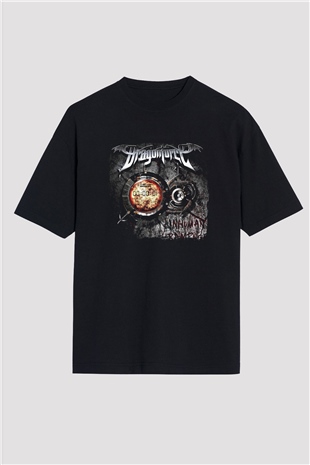 Dragon Force Baskılı Unisex Siyah Oversize Tişört