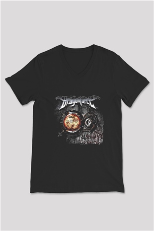 Dragon Force Baskılı Unisex Siyah V Yaka Tişört