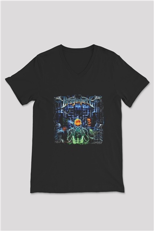 Dragon Force Baskılı Unisex Siyah V Yaka Tişört