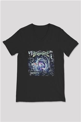 Dragon Force Baskılı Unisex Siyah V Yaka Tişört