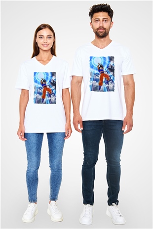 Dragonball Beyaz Unisex V Yaka Tişört