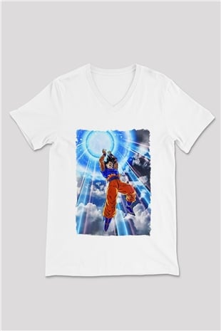 Dragonball Beyaz Unisex V Yaka Tişört
