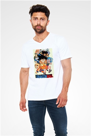 Dragonball Beyaz Unisex V Yaka Tişört
