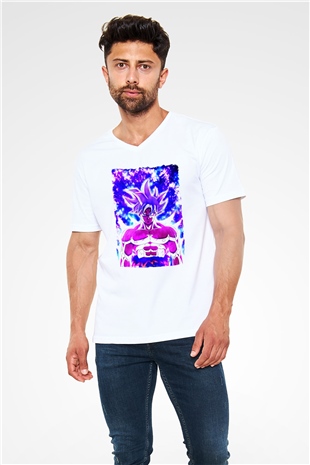 Dragonball Beyaz Unisex V Yaka Tişört