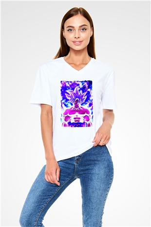 Dragonball Beyaz Unisex V Yaka Tişört