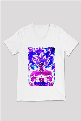 Dragonball Beyaz Unisex V Yaka Tişört