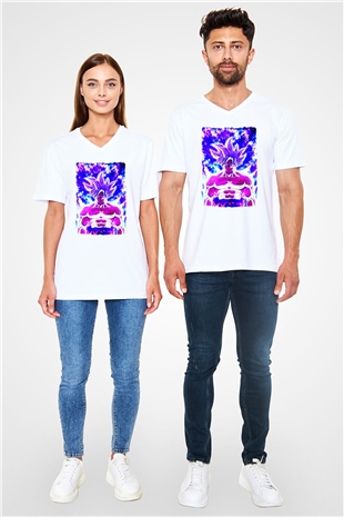 Dragonball Beyaz Unisex V Yaka Tişört