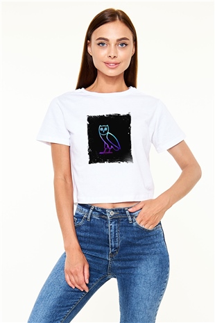 Drake Baskılı Beyaz Kadın Crop Top Tişört
