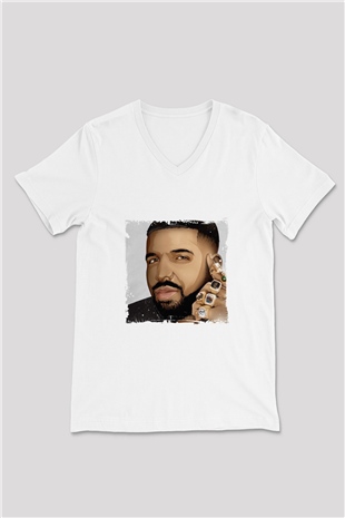 Drake Baskılı Beyaz V Yaka Unisex Tişört