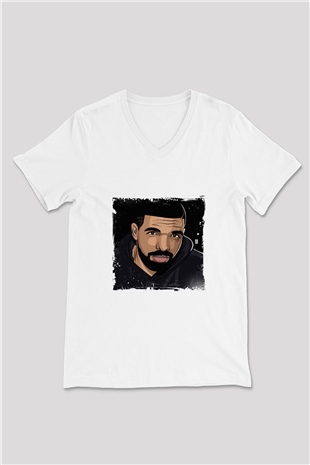 Drake Baskılı Beyaz V Yaka Unisex Tişört