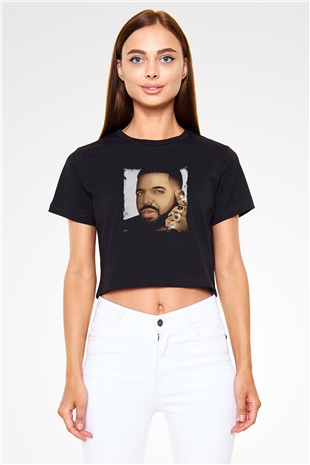Drake Baskılı Crop Top Siyah Kadın Tişört