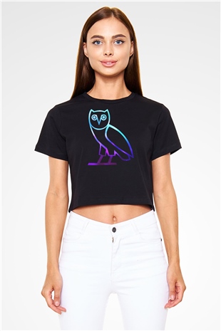 Drake Baskılı Crop Top Siyah Kadın Tişört