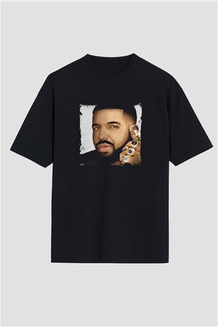 Drake Baskılı Unisex Oversize Siyah Tişört