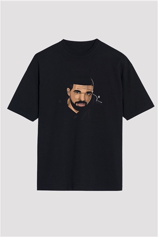 Drake Baskılı Unisex Oversize Siyah Tişört