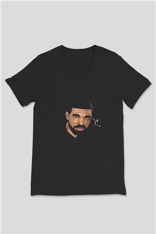 Drake Baskılı Unisex Siyah V Yaka Tişört