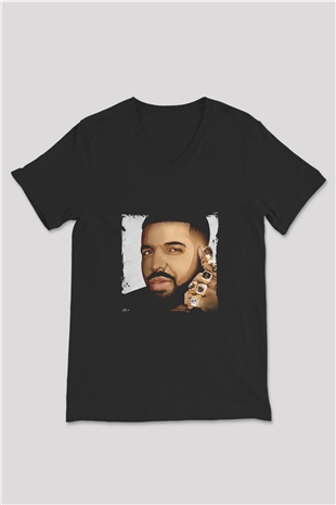 Drake Baskılı Unisex Siyah V Yaka Tişört