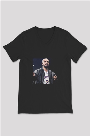 Drake Baskılı Unisex Siyah V Yaka Tişört