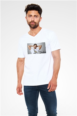 Drake Beyaz Unisex V Yaka Tişört
