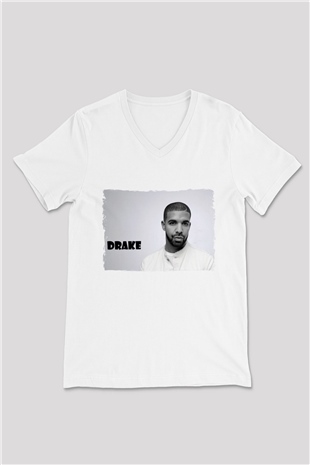Drake Beyaz Unisex V Yaka Tişört