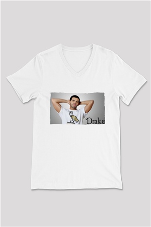 Drake Beyaz Unisex V Yaka Tişört