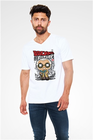DrBrown Baskılı Unisex Beyaz V Yaka Tişört