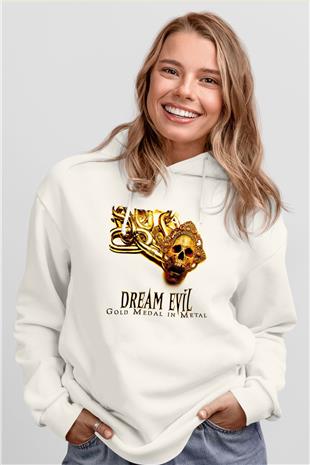 Dream Evil Baskılı Beyaz Unisex Kapüşonlu Sweatshirt