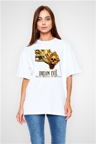 Dream Evil Baskılı Beyaz Unisex Oversize Tişört - Tshirt