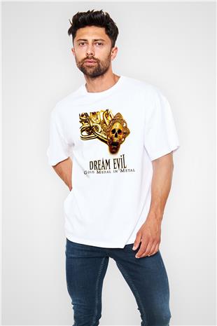 Dream Evil Baskılı Beyaz Unisex Oversize Tişört - Tshirt