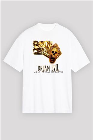 Dream Evil Baskılı Beyaz Unisex Oversize Tişört - Tshirt