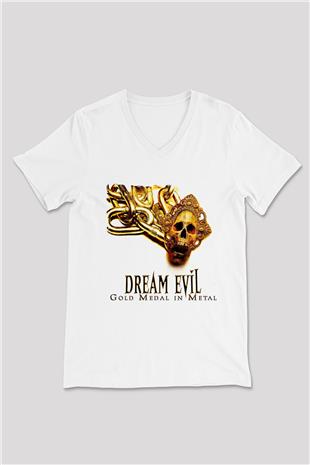 Dream Evil Baskılı Beyaz Unisex V Yaka Tişört - Tshirt