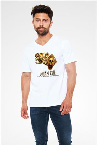 Dream Evil Baskılı Beyaz Unisex V Yaka Tişört - Tshirt