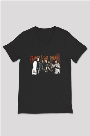 Dream Evil Baskılı Unisex Siyah V Yaka Tişört - Tshirt