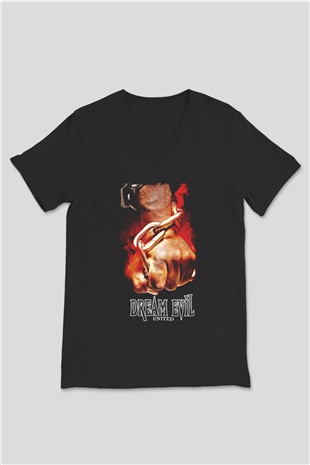 Dream Evil Baskılı Unisex Siyah V Yaka Tişört - Tshirt