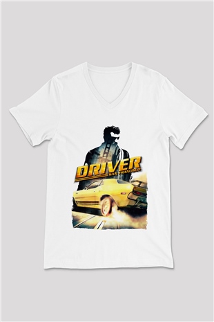 Driver Beyaz Unisex V Yaka Tişört