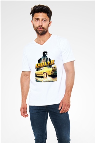 Driver Beyaz Unisex V Yaka Tişört