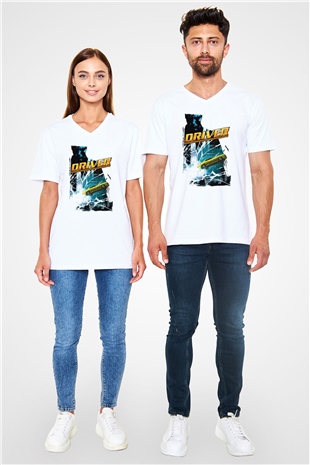 Driver Beyaz Unisex V Yaka Tişört