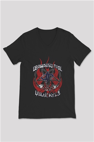 Drowning Pool Baskılı Unisex Siyah V Yaka Tişört - Tshirt